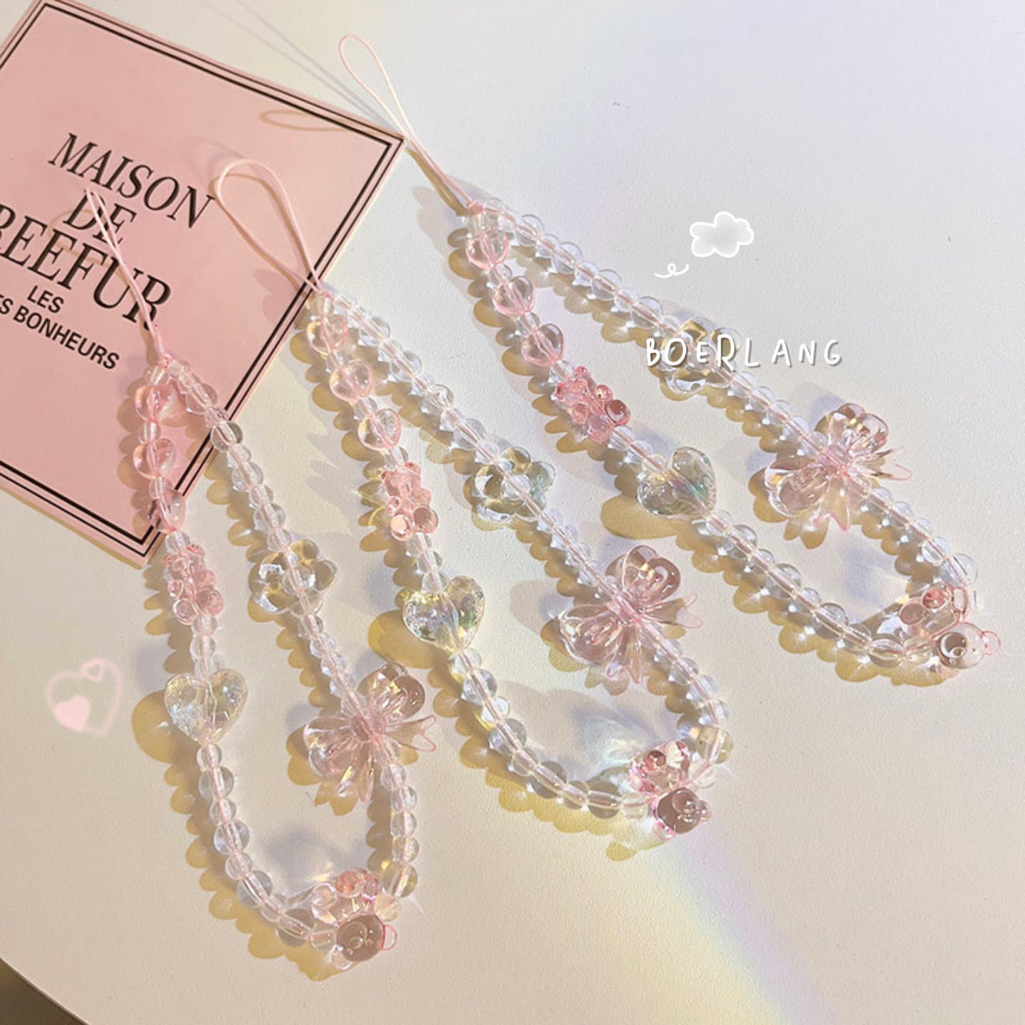 Phone Accessories Chain - สายคล้องโทรศัพท์มือถือแบบพวงกุญแจสำหรับผู้หญิงและเด็กผู้หญิง สไตล์เกาหลี สีชมพู ลายหมี ผีเสื้อ ดอกไม้
